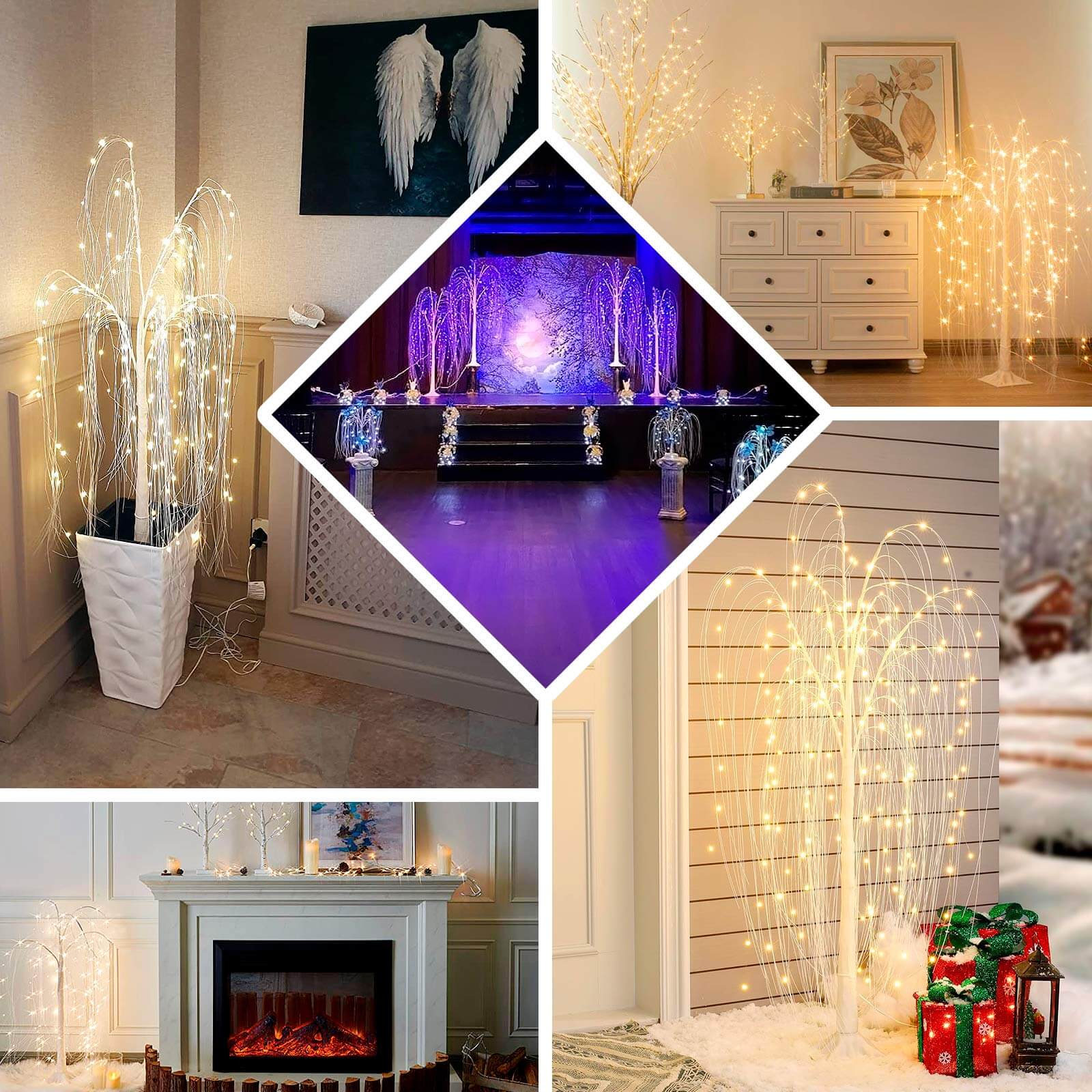 Warm White 180 LED Fairy Lighted Artificial Weeping Willow Tree With Plug-in Adapter, White Tabletop Tree Centerpiece 4ft