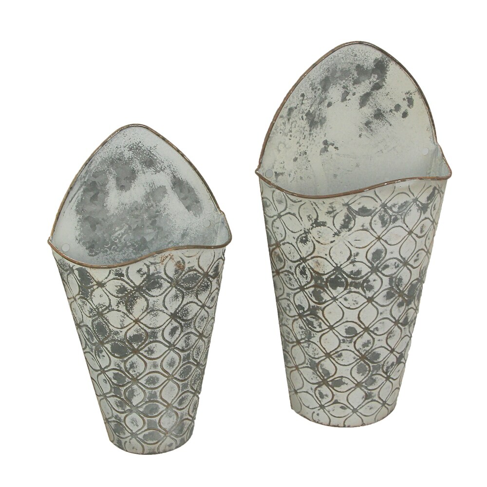 Antiqued Gray Enamel Painted Embossed Metal Wall Pockets (Set Of 2)   16 X 8.5 X 4 inches