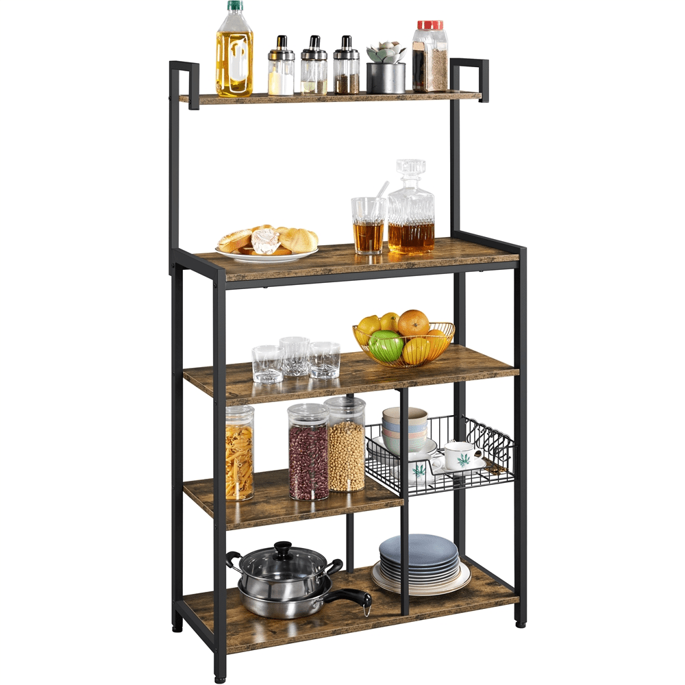 Yaheetech Industrial Baker's Rack With 4 Storage Shelves and 6 Hooks For Kitchen， Rustic Brown