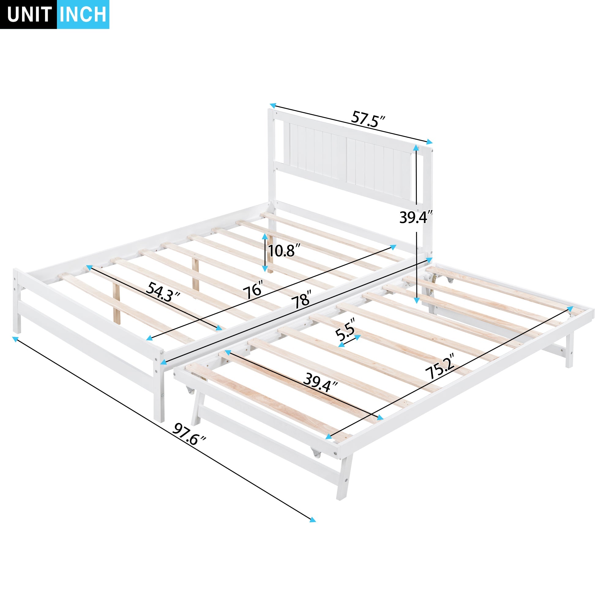 Platform Bed with Trundle Frame Set, Wooden Bed Frame with Headboard for Bedroom for Kids, White