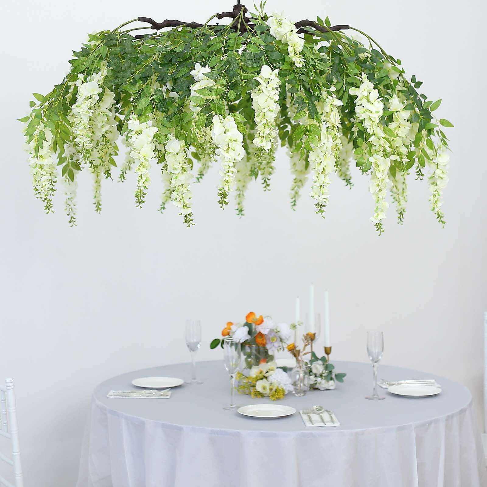 Cream Artificial Silk Wisteria Vine Round Hanging Canopy, Draping Garland Flower Chandelier With Interchangeable Branches 55