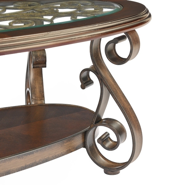 Oaks Aura Dark Brown French Country Coffee Table with Glass Table Top and Powder Coat Finish Metal Legs