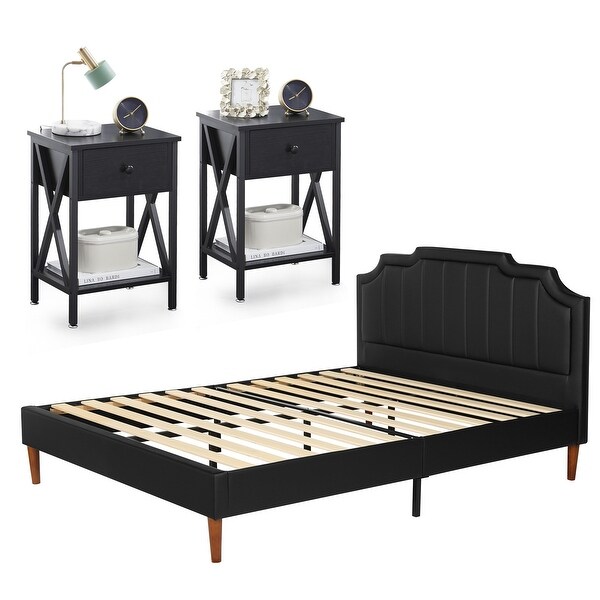 Taomika 3-Pieces Faux Leather Upholstered Platform Bed and Nightstands Sets - - 34844819