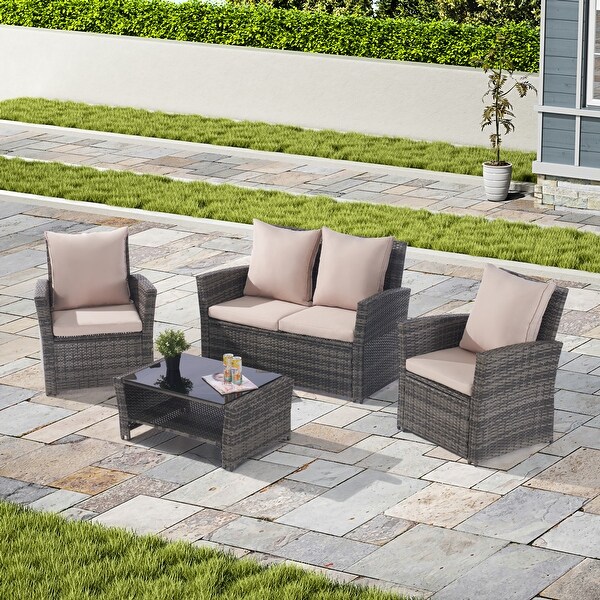 4 Pieces Outdoor Patio Furniture Sets Garden Rattan Chair Wicker Set