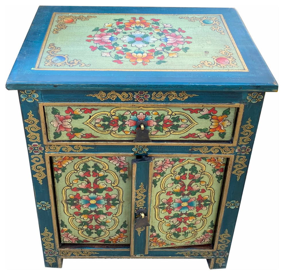 Teal Blue Light Green Tibetan Style Floral End Table Nightstand Hcs7077   Asian   Side Tables And End Tables   by Golden Lotus Antiques  Houzz