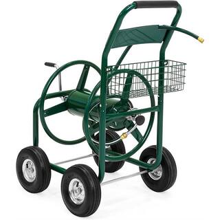 37 in. Outdoor Iron Four -Wheel Tube Car Garden Water Pipe Rolling Car Dark Green 978929524