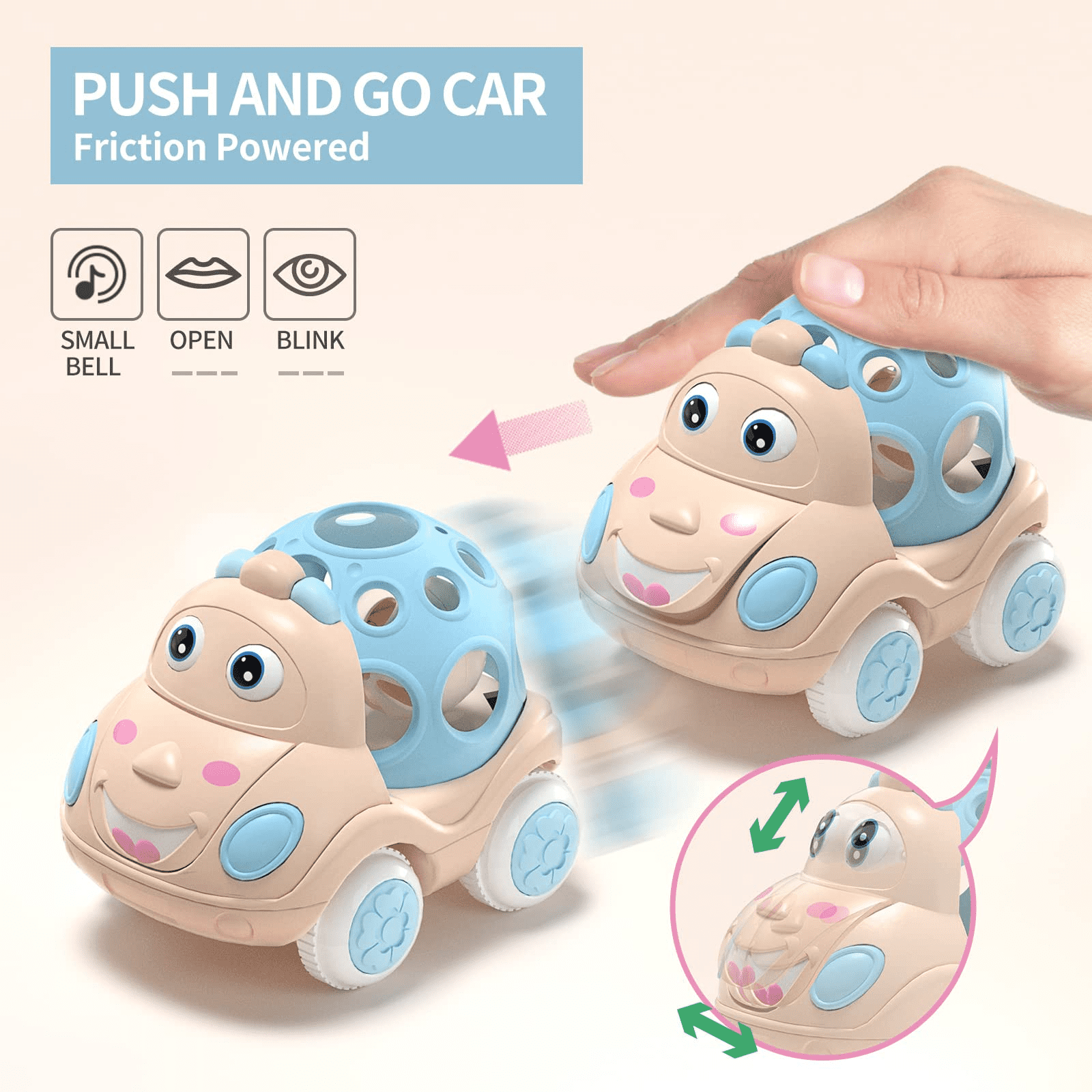 Children's Rattles and Rolling Cars， Baby Car Toys for 6-12 Months， 3 Pieces of Push-Pull Toys with Soft Rubber Rattles (Random Color)