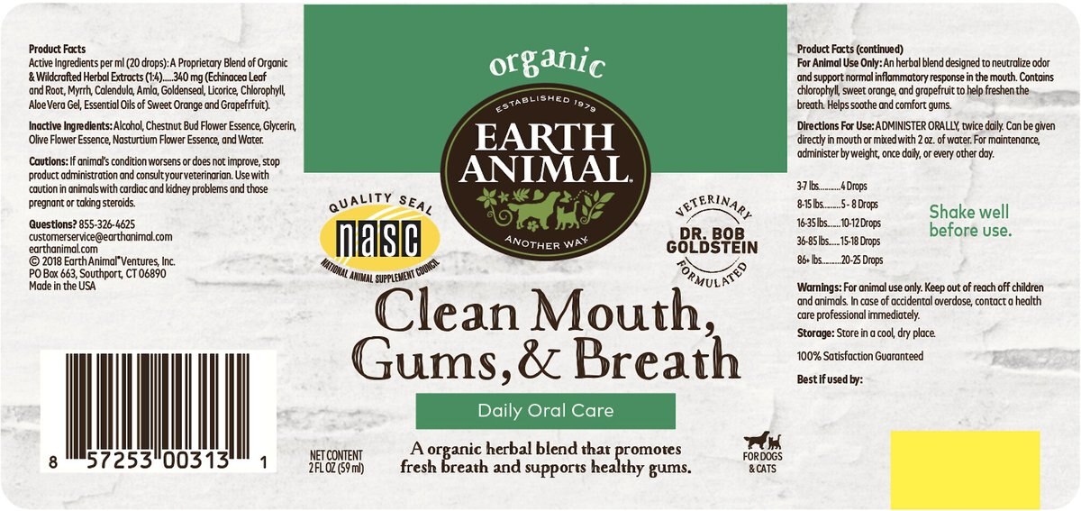 Earth Animal Natural Remedies Clean Mouth， Gums and Breath Liquid Homeopathic Dental Supplement for Dogs and Cats， 2-oz bottle