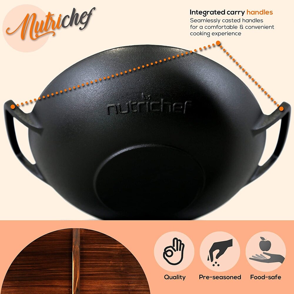 NutriChef Pre Seasoned Cooking Wok Cast Iron Stir Fry Pan with Wooden Lid  Black