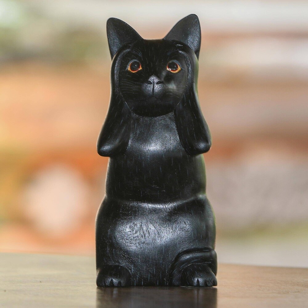 Novica Handmade Kitty Hears No Evil Wood Sculpture