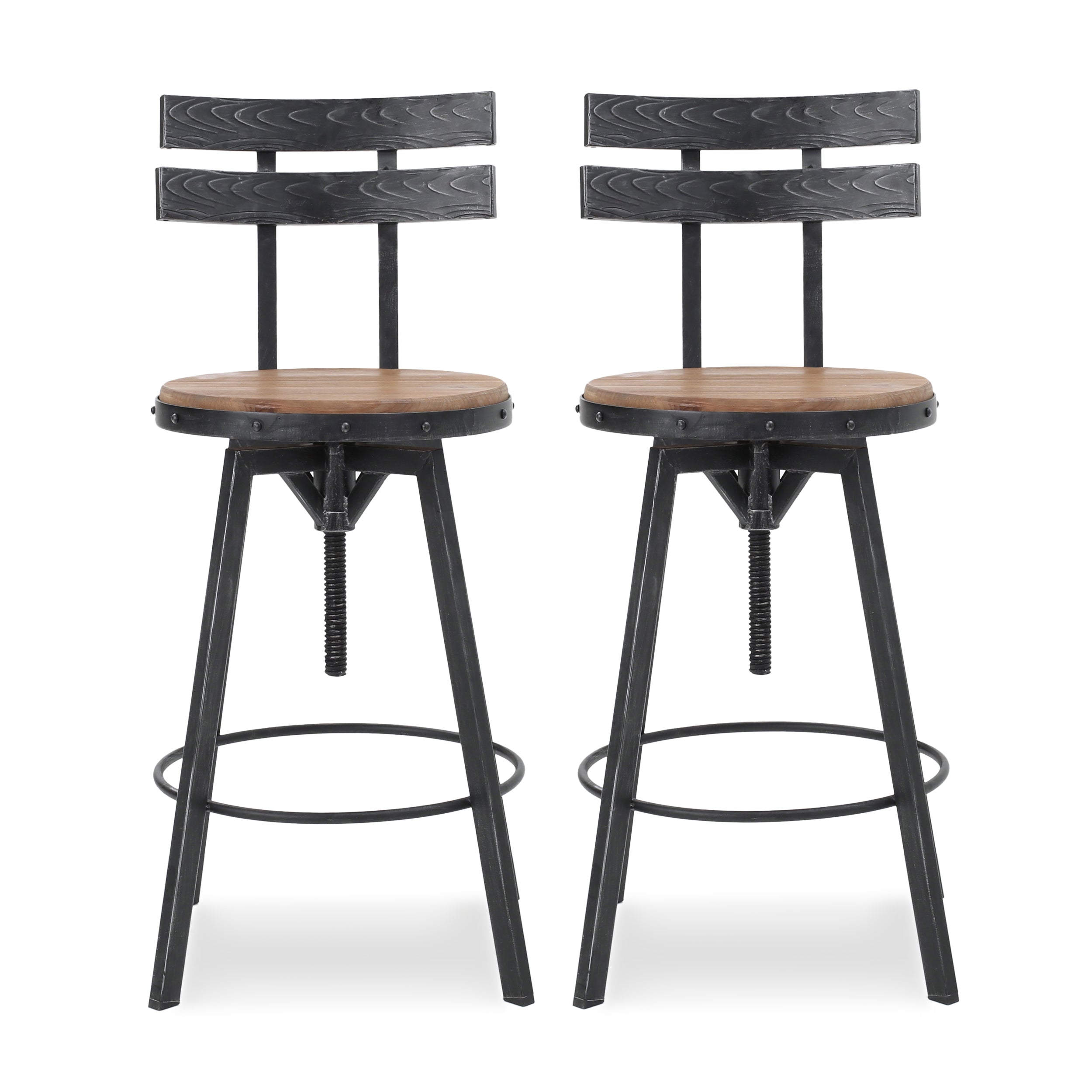 Theo Modern Industrial Firwood Adjustable Height Swivel Barstools, Set of 2, Natural and Black Brushed Silver