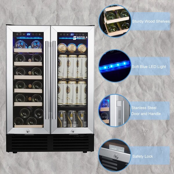 24'' Wine Cooler Refrigerator - Dual Zone Built-in or Freestanding Fridge with Stainless Steel Tempered Glass Door