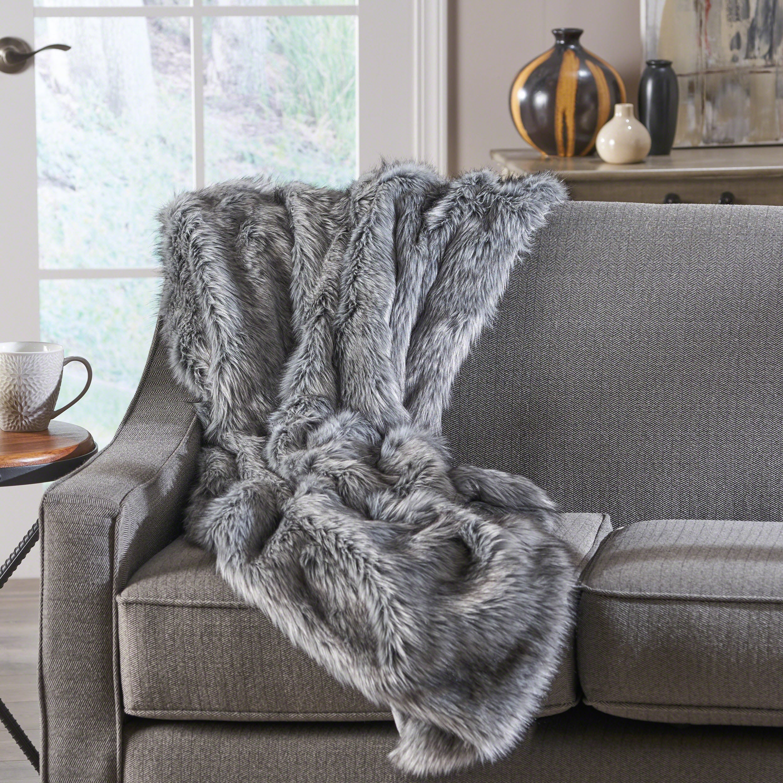 Laraine Modern Glam Rectangular Taupe Faux Fur Throw Blanket