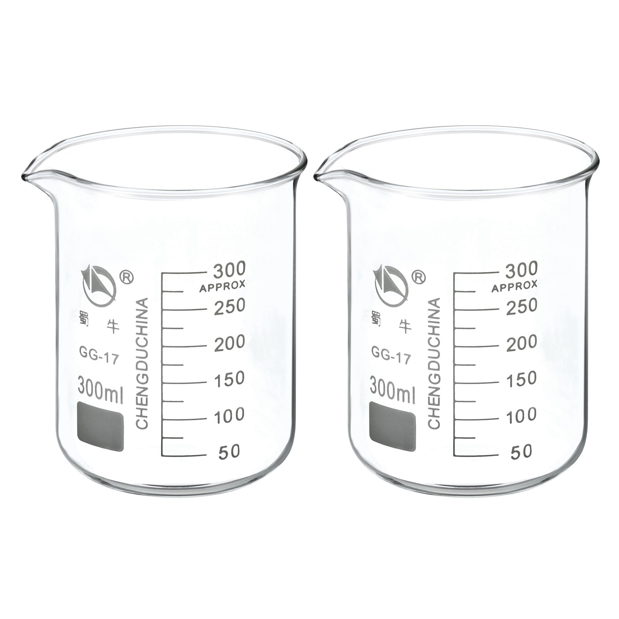 2pcs 300ml Low Form Glass Beaker 3.3 Borosilicate Lab Measuring Cups - Clear