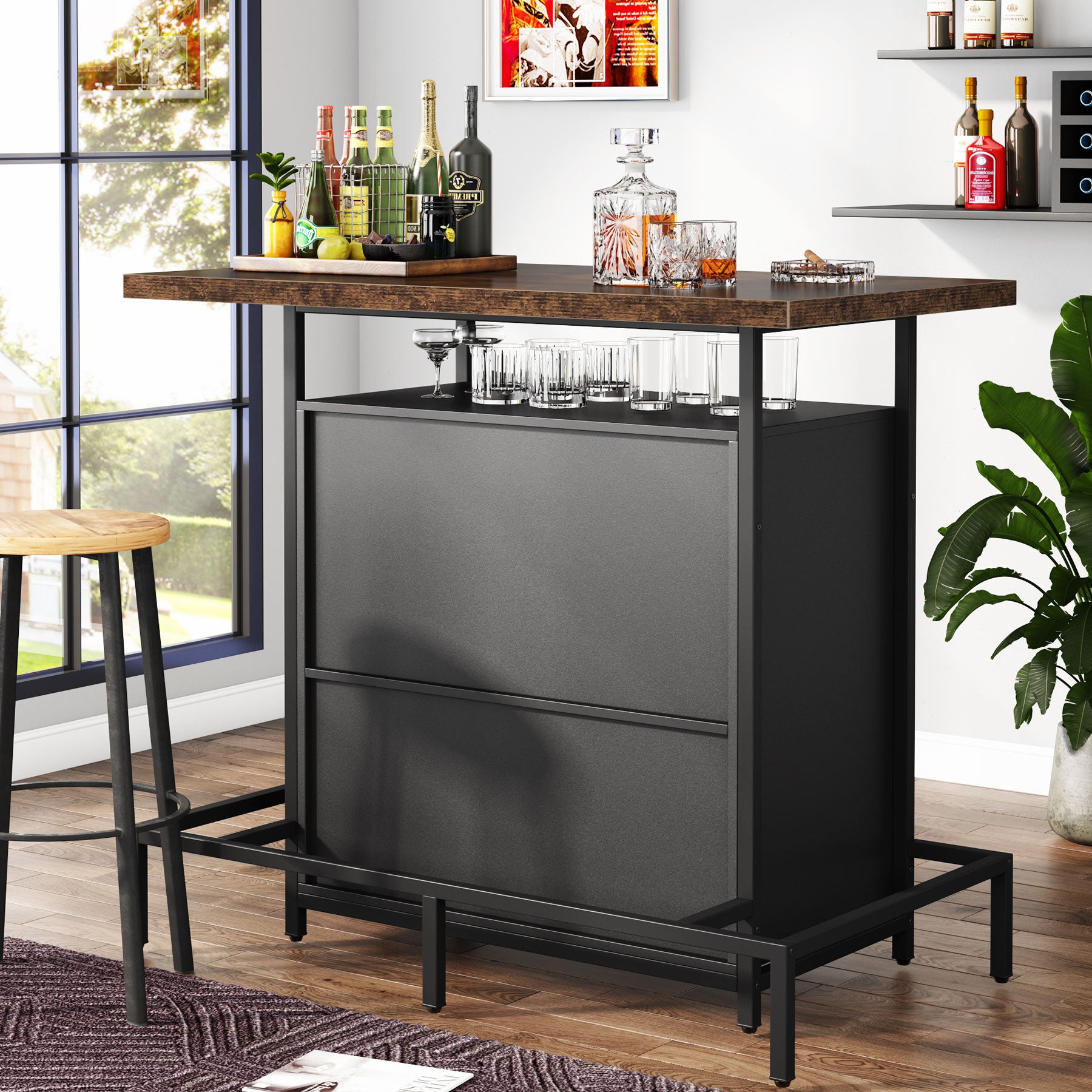 Industrial Home Bar Unit, 3-Tier Liquor Bar Table with Glasses Holder