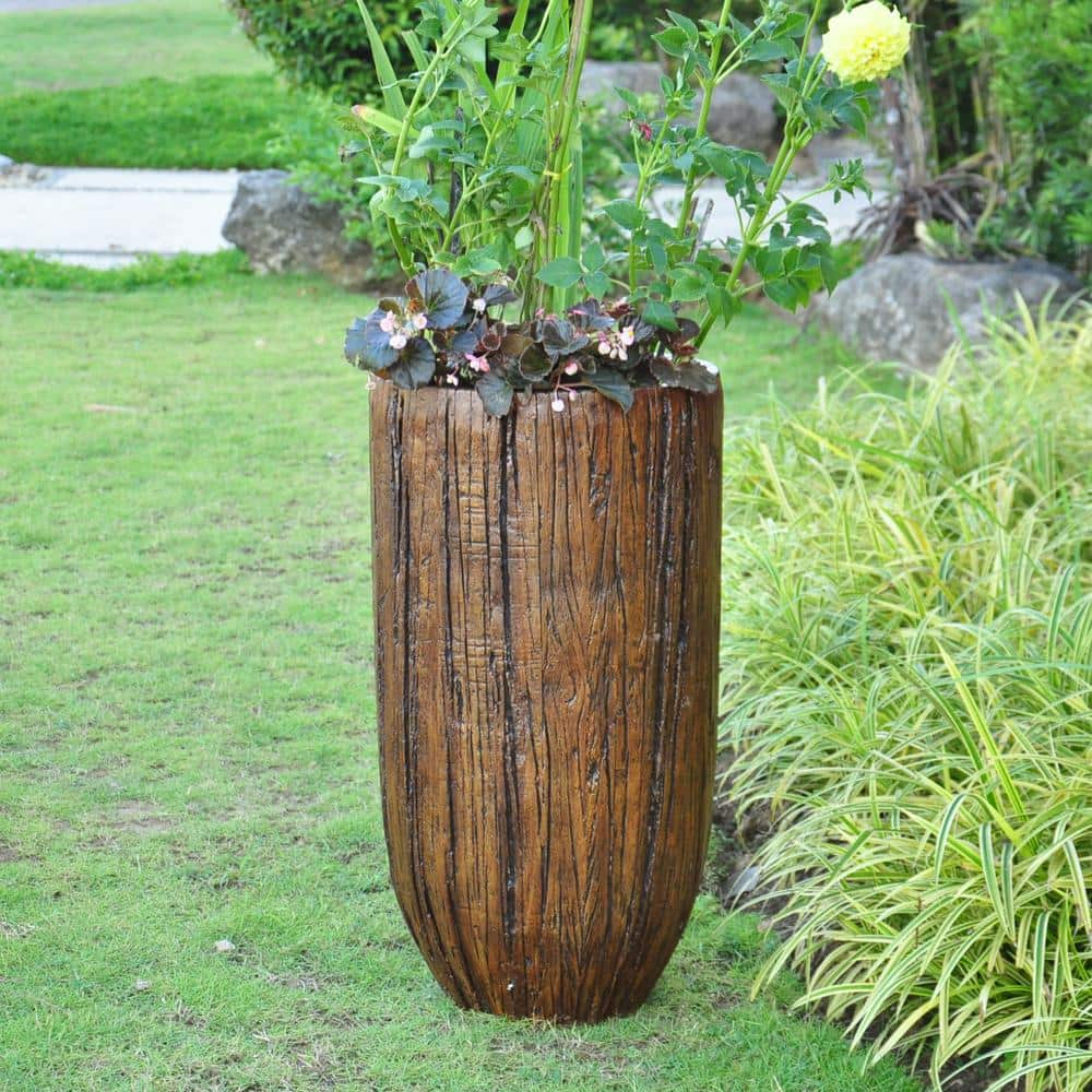 MPG 14.5 in. Dia Composite Tall Crucible Driftwood Planter in Medium Dark Brown PC7675MDB