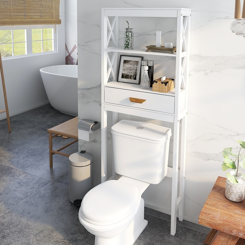 White Over the Toilet Storage Cabinet with one Drawer and 2 Shelves