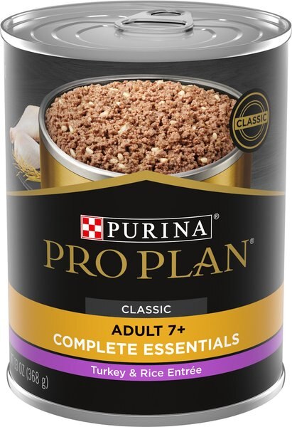 Purina Pro Plan Adult 7+ Complete Essentials Turkey and Rice Entree Wet Dog Food， 13-oz can， case of 12