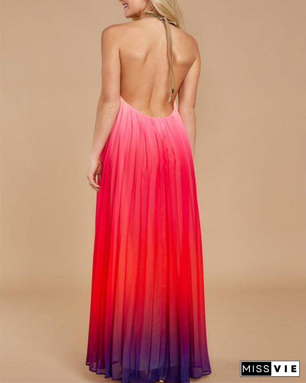 Women Ombre Chiffon Gradient Halter Sleeveless Evening Maxi Dress