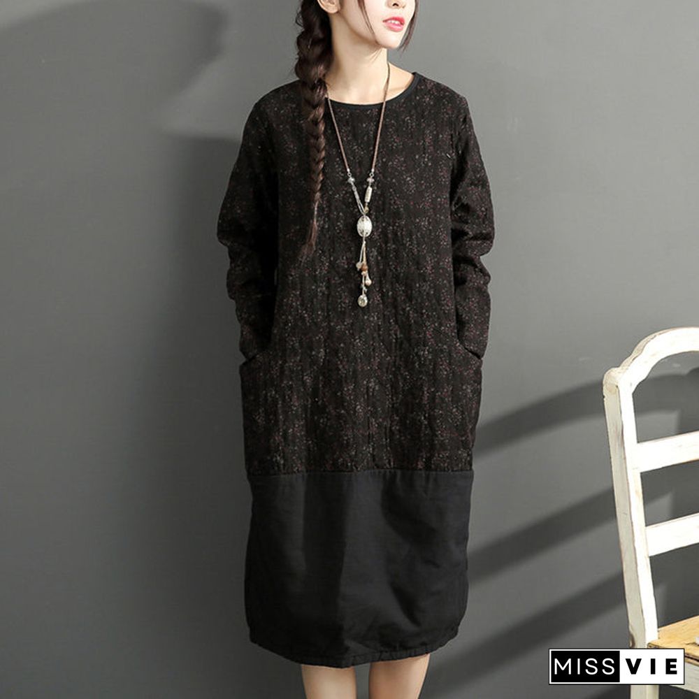 new black prints cotton dresses oversize long sleeve thick warm women dress