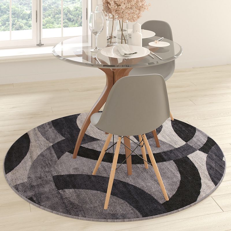 Masada Rugs Masada Rugs， Thatcher Collection Accent Rug with Interlocking Circle Pattern in Black/Grey with Olefin Facing and Natural Jute Backing - 5'x5' Round