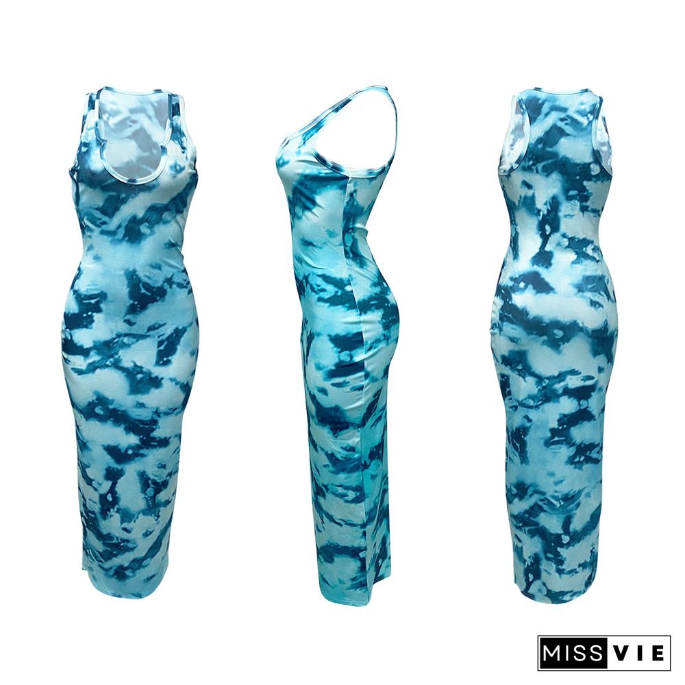 Women Summer Fashion Tie Dye Print V-neck Sleeveless Sexy Night Party Bodycon Long Dresses