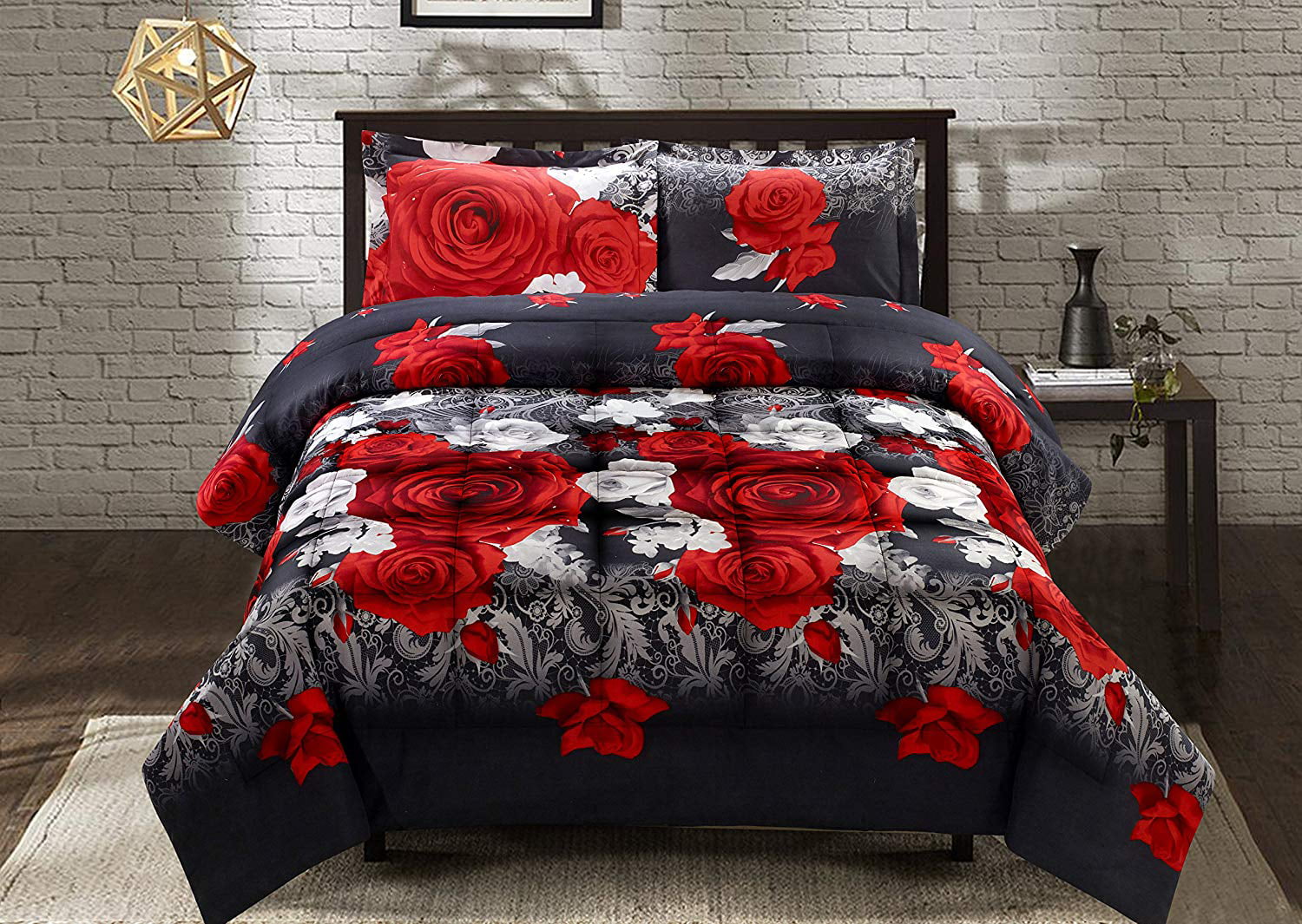 HIG 3D 3 Piece Red And White Rose Reactive Printed Comforter Set，Queen