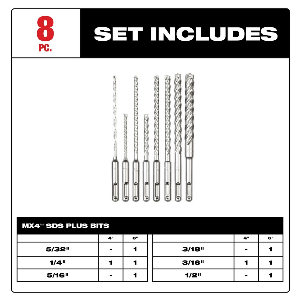 Milwaukee SDS Plus MX4™ 4 Cutter Drill Bit Kit 8pc ;