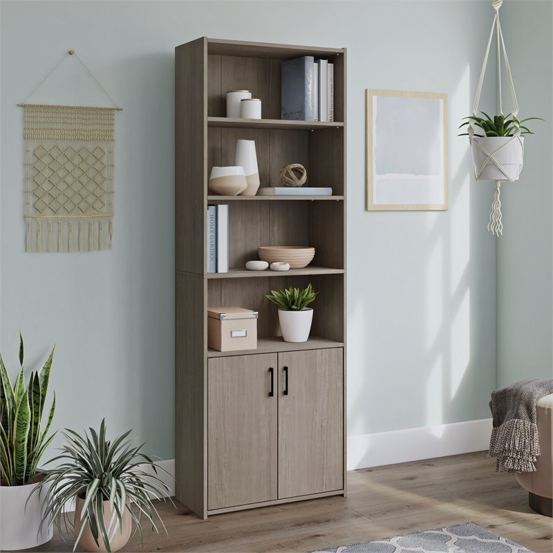 Sauder Beginnings Engineered Wood Bookcase with Doors in Silver Sycamore/Gray   Transitional   Bookcases   by Homesquare  Houzz