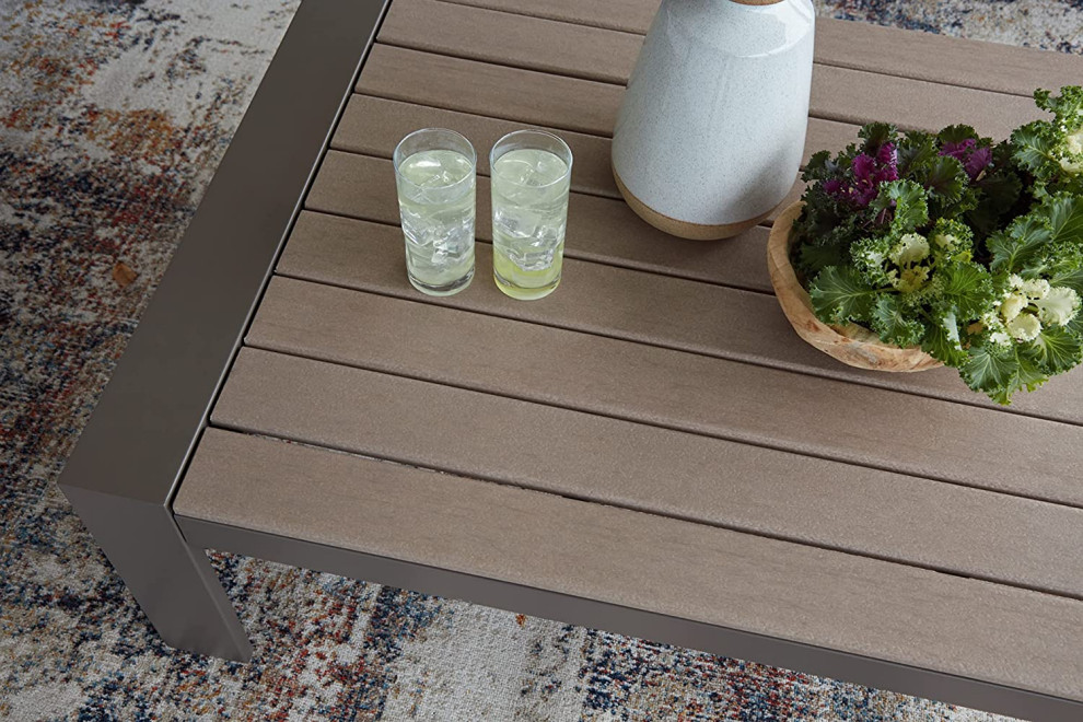 Outdoor Coffee Table  HDPE Construction With Slatted Wooden Look Top  Taupe   Transitional   Outdoor Coffee Tables   by Decor Love  Houzz