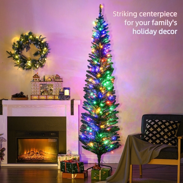 HOMCOM 7ft Tall Pencil Prelit Artificial Christmas Tree Holiday Décor with 499 Branches，180 Colorful LED Lights，Steel Base