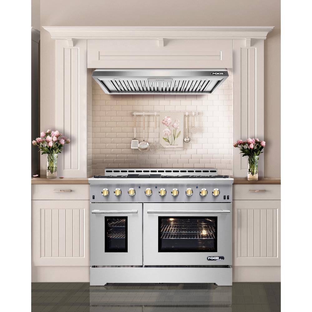 NXR Entree Bundle 48 in. 7.2 cu. ft. Pro-Style Gas Range with Convection Oven and Range Hood in Stainless Steel and Gold NK4811EHBD-G