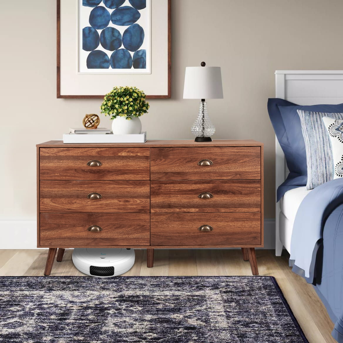 Wood Dresser for Bedroom with 6 Drawers, Mid Century Modern Chests of Drawer with Metal Handles, Walnut