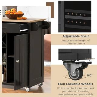 FAMYYT Black Wood Desktop 48 in. Kitchen Island with Wine Rack and Four Locking Wheels XJ-294554BK-L