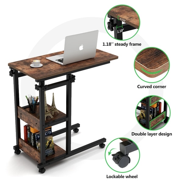 Brown/ Black Wood C-Shaped OverBed SideTable with Wheels， Industrial mobile Bed End Tables for Bedroom