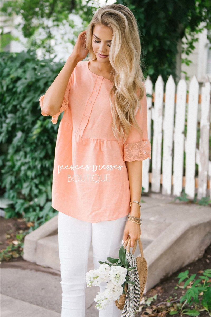 Button Front Lace Bell Sleeve Top