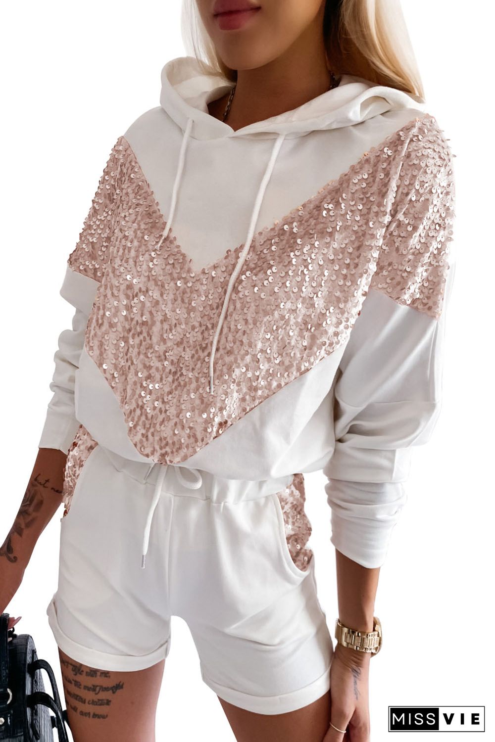 White Chevron Sequin Pullover Hoodie