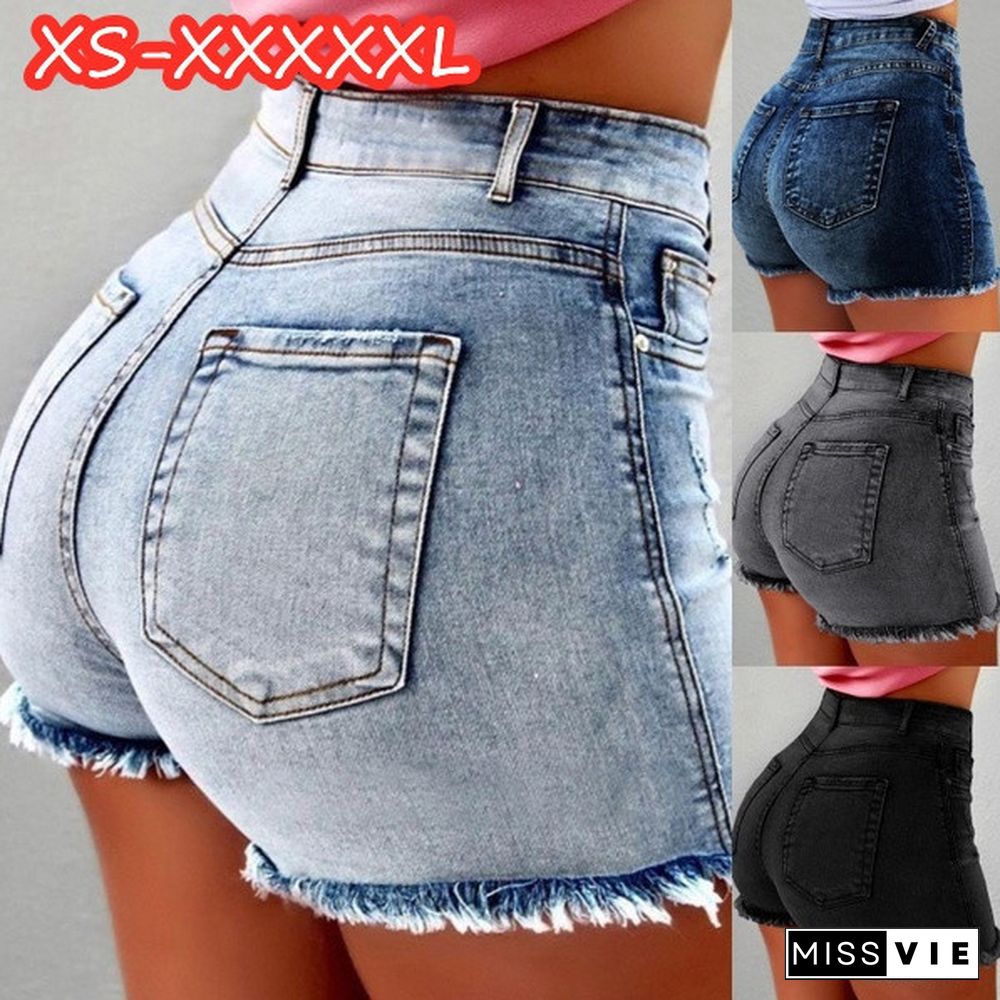 New Summer Women's Fashion Causal Stretchy Denim Shorts Jeans High Waist Beach Shorts Washed Jeans Pants