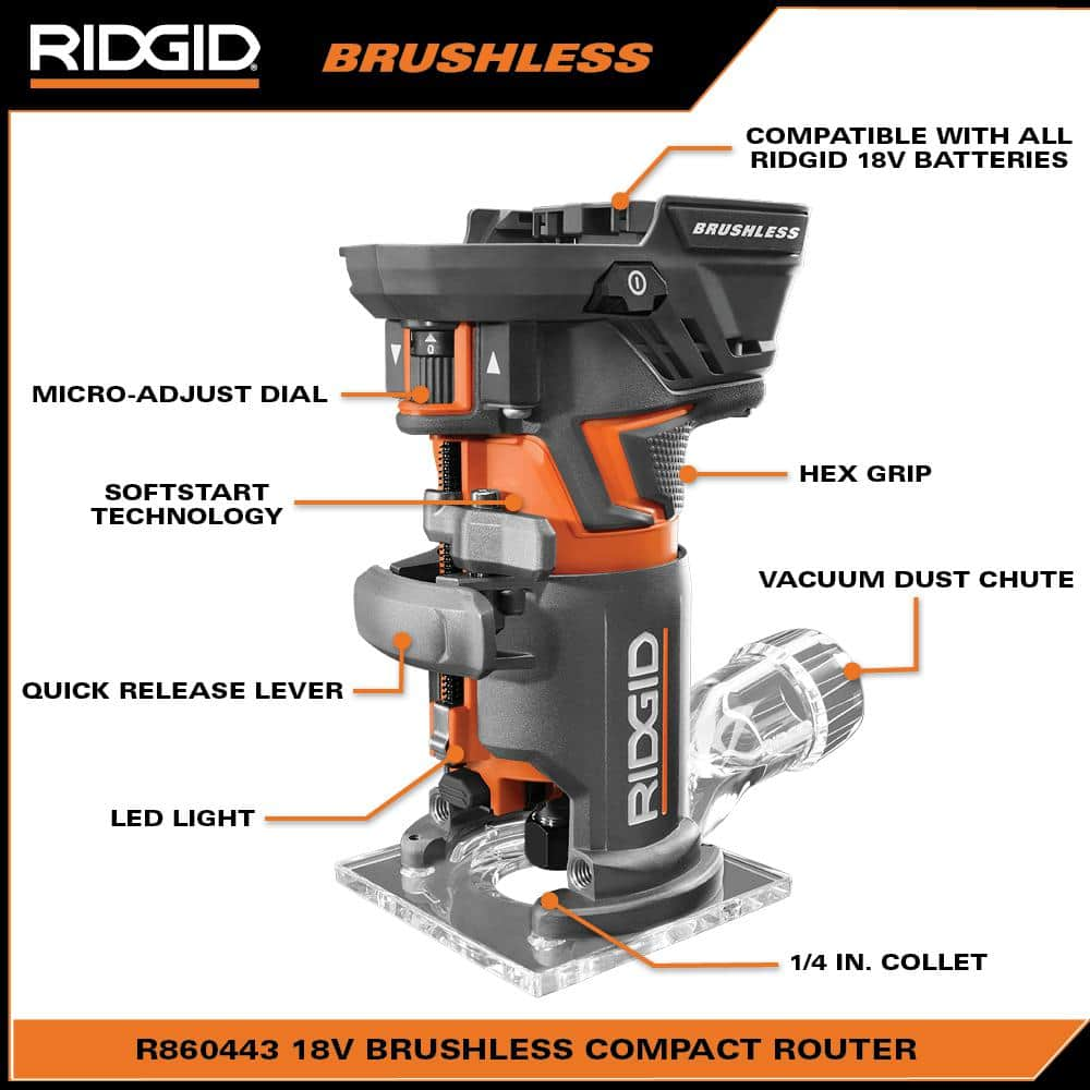 RIDGID 18V OCTANE Brushless Cordless Compact Fixed Base Router with 1/4 in. Bit, Round and Square Bases and Collet Wrench R860443B