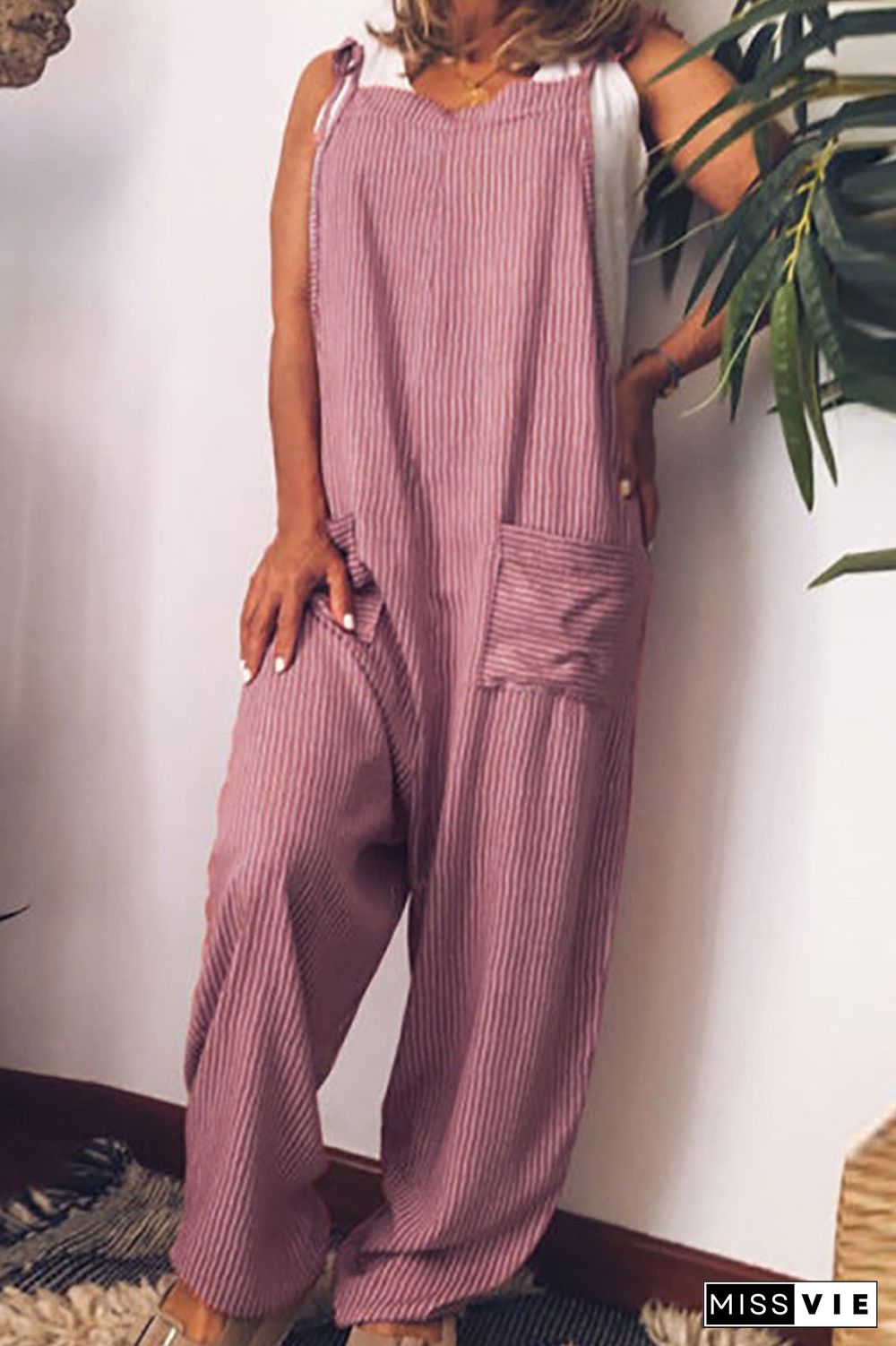 Striped Tie Up Pocket Jumpsuits