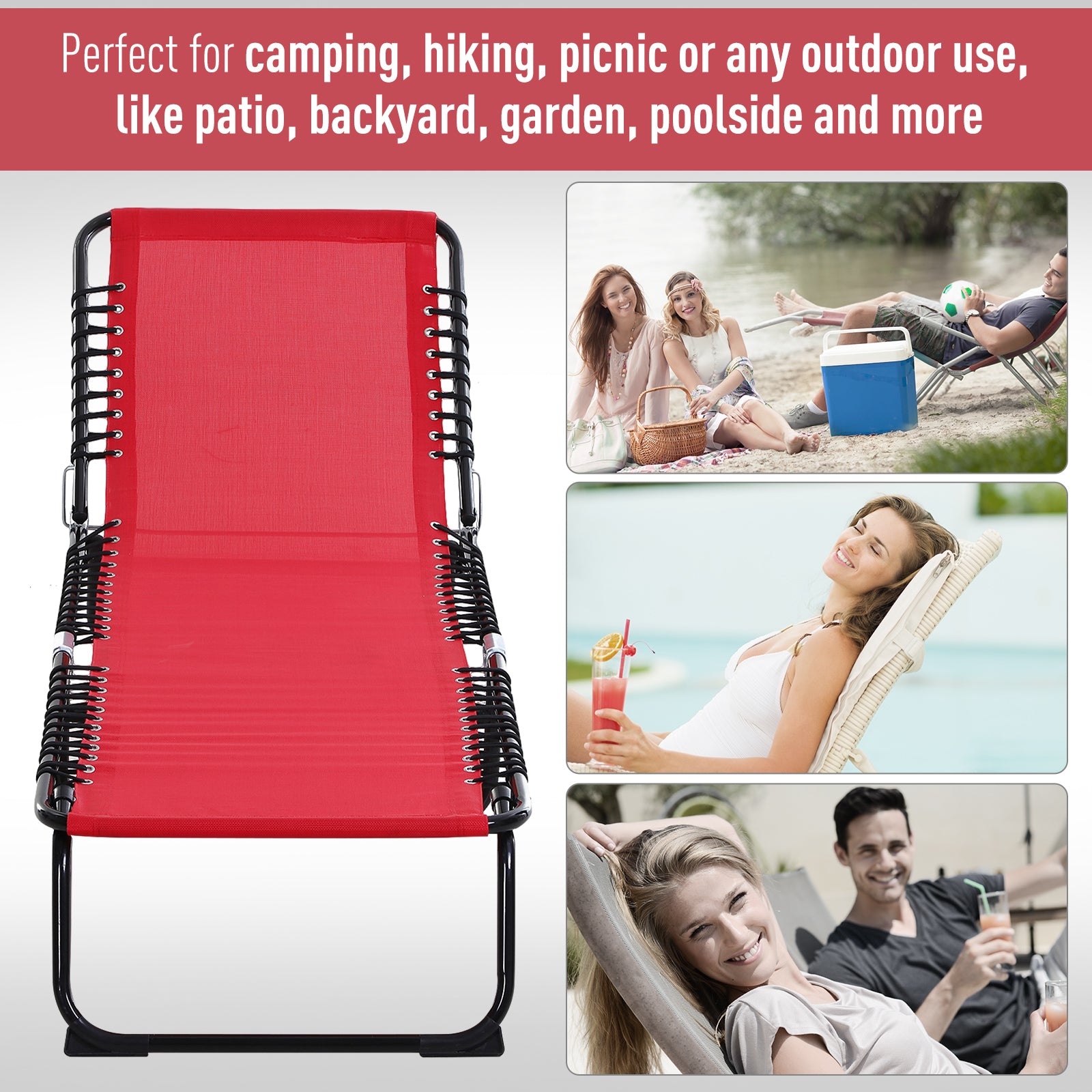 Outsunny Folding Beach Chair Chaise Lounge 3 Adjustable Positions， Wine Red