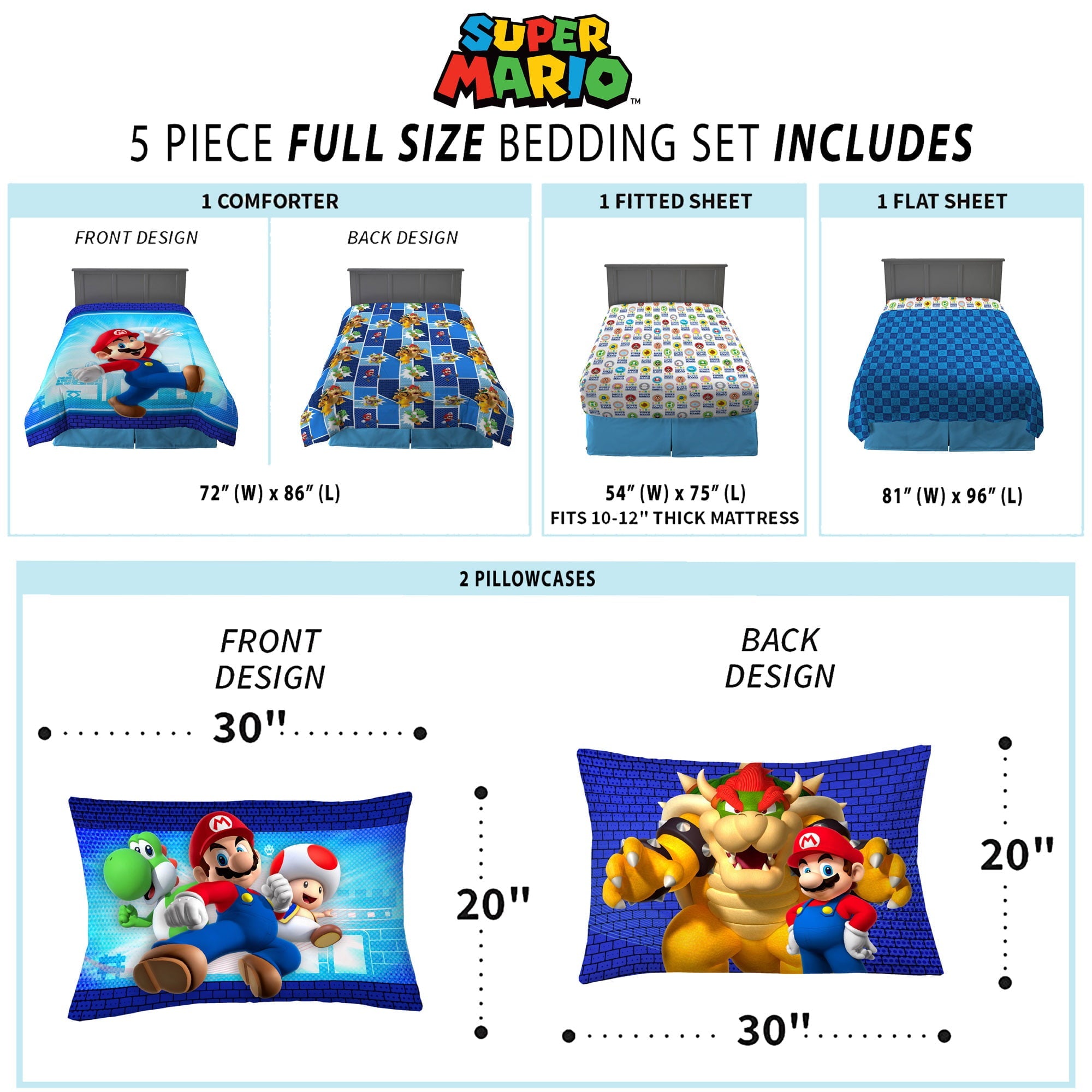 Super Mario Kids Full Bed in a Bag, Gaming Bedding, Comforter and Sheets, Blue, 