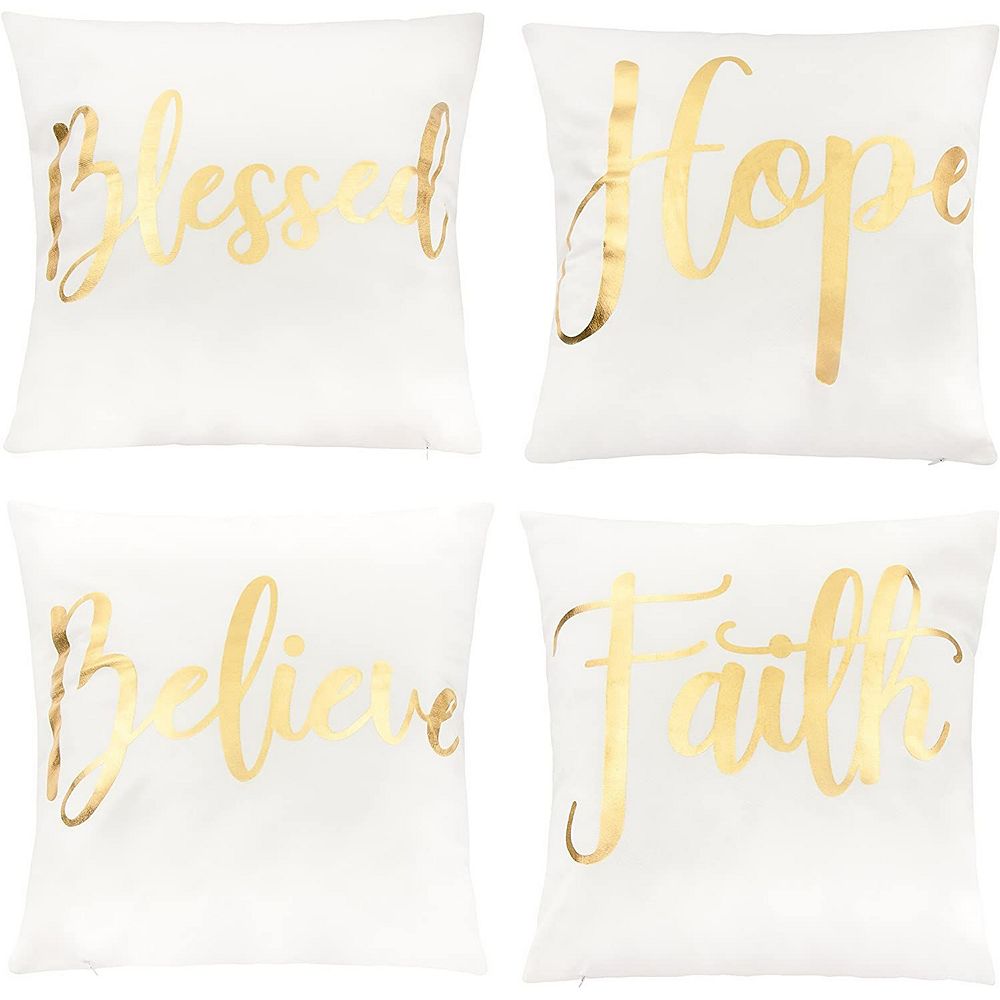 Juvale White Throw Pillow Covers， Blessed， Hope， Believe， and Faith (18 x 18 in， 4 Pack)