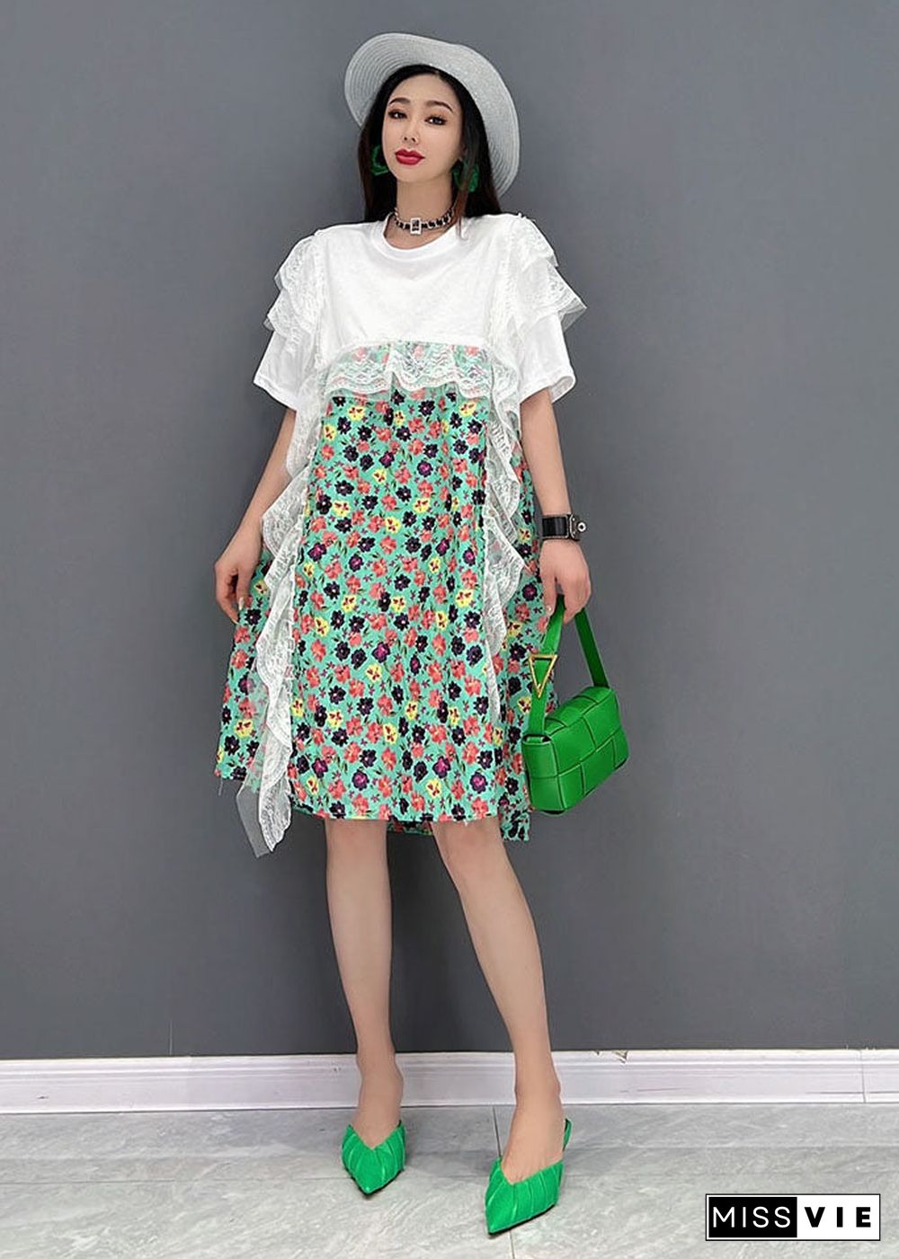 Green Print Lace Patchwork Party Dress O-Neck Short Sleeve