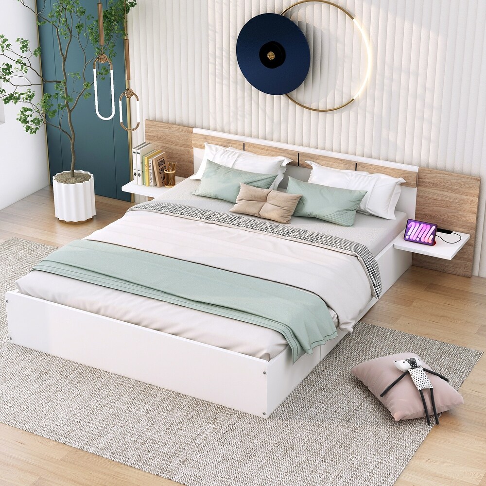 Queen Size Platform Bed with Headboard  Drawers  Shelves  USB Ports and Sockets  White