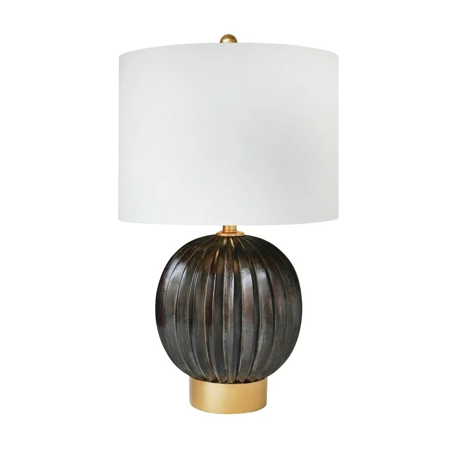 Dark Washed Walnut Polyresin Table Lamp With a White Drum Shade