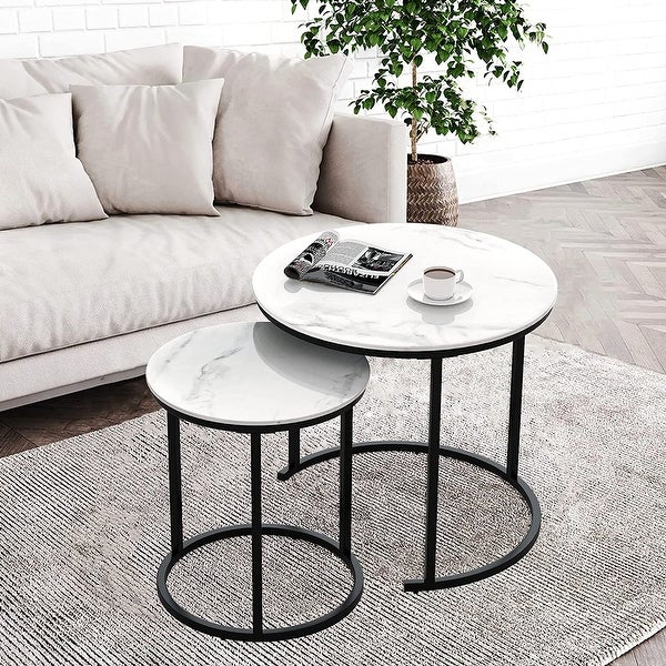 Round Coffee Table Set of 2， Modern Accent Marble Texture Coffee Tables