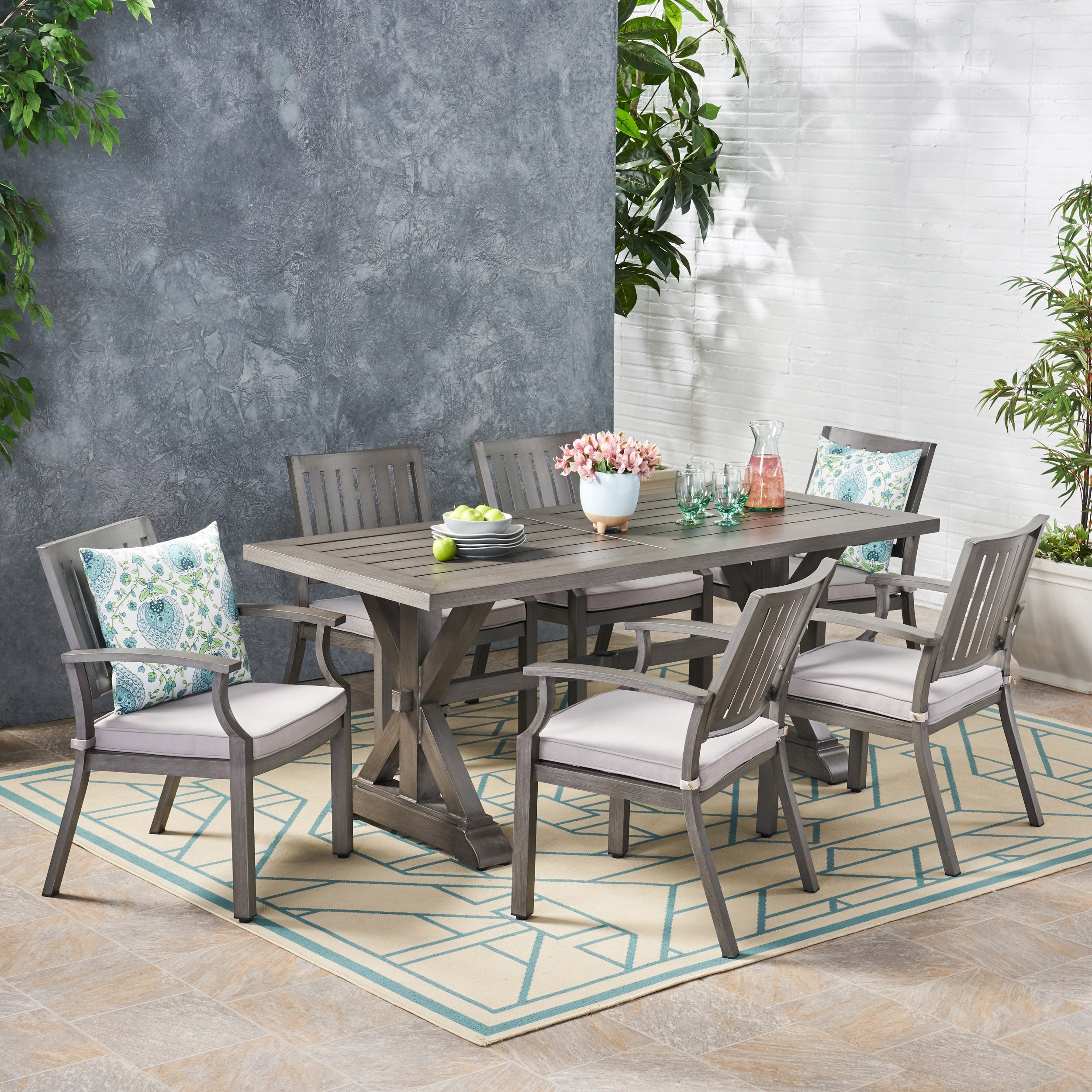 Zoey Outdoor Modern 6 Seater Aluminum Dining Set with Cushions