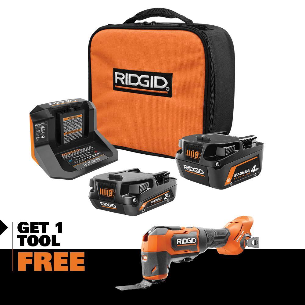 RIDGID 18V MAX Output 4.0 Ah 2.0 Ah Batteries and Charger with FREE 18V Brushless Oscillating Multi-Tool AC8400240SB-R86240B