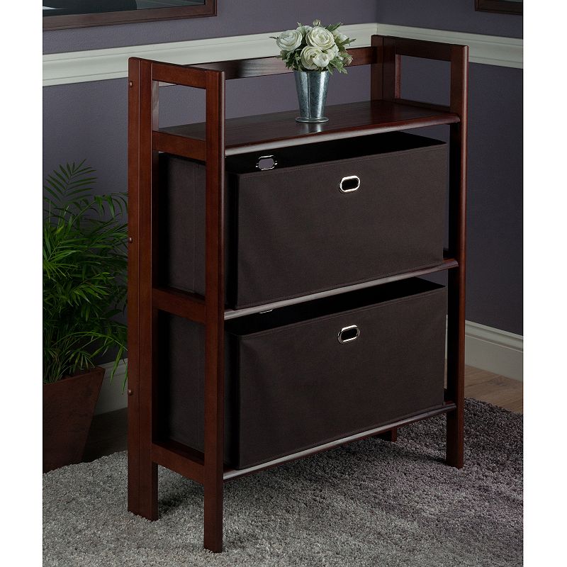 38.5 Walnut Folding Bookcase with Chocolate Fabric Basket